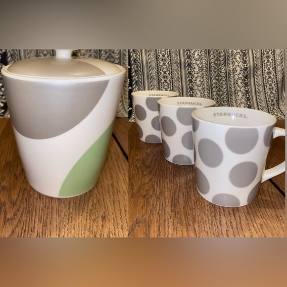2005 STARBUCKS COFFEE CANISTER SET Cookie/Storage Jar and 3 Mugs
